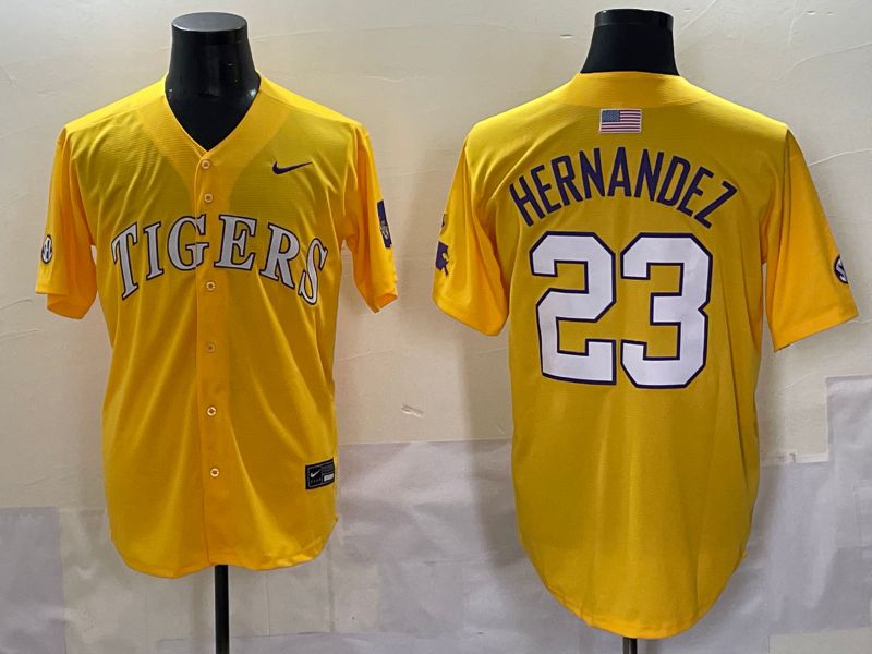 Men 2025 LSU Tigers #23 Hernandez Yellow Nike Joint Name Nike NCAA Jersey style 1